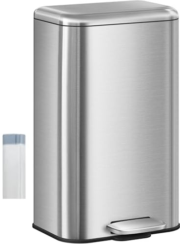Hzuaneri Kitchen Bin 30L, Stainless Steel Rubbish Bin with Soft-Close Lid | Recycling Bins for Kitchen, Pedal Bins with Handle, Removable Inner Bucket, 15 Bin Bags, Silver SW13099B