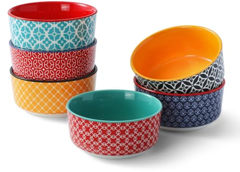DOWAN Creme Brulee Schälchen 6er Set, 120 ml Porzellan Souffle Förmchen Backofenfest, Kleine Auflaufform, Ragout Fin Schalen, Mikrowellen-, Airfryer- und Spülmaschinenfest, Ø 9 cm Mehrfarbig