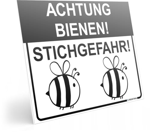 PRINTIMA Warnschild „ACHTUNG BIENEN! STICHGEFAHR!“ 40x30 cm aus PVC wetterfest mit süßem Motiv inkl. Montagedübel für Imkerei, Garten, Schule & Naturbereiche