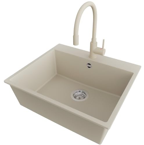 PRIMAGRAN Granitspüle ab 60er Unterschrank + Küchenarmatur, 58x50cm | Set: Küchenarmatur BW6020 + Ablauf-Set (Siphon, Ablaufgarnitur, Überlauf) + Spülbecken 1 Becken - Riga, Beige