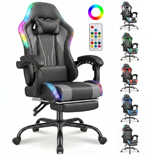 TRIUMPHKEY Silla Gaming con LED RGB Iluminación, Silla Gamer Ergonómica con Reposapiés Telescópico, Cojín Lumbar y Cervical, Iluminación para Juegos, Oficina, Ordenador, Videojuego (Gris)