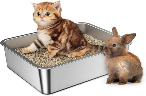 Barhon Katzenklo Edelstahl 45 × 35 × 10 cm, Katzentoilette Edelstahl für Großkatzen mit hoher Seite, Katzenklo Metall Nicht klebend, leicht zu reinigen