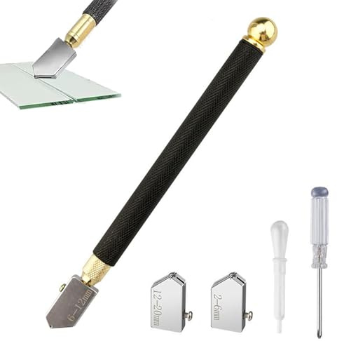 Sqxaldm Glasschneider 2-20 mm, Glasschneider Set mit 3 Hartmetall-Schneidköpfen, Rutschfester Griff Glasschneidewerkzeug im Bleistift-Stil mit Karbidspitze für Dickes Glas, Spiegel, Fliesen, Mosaik