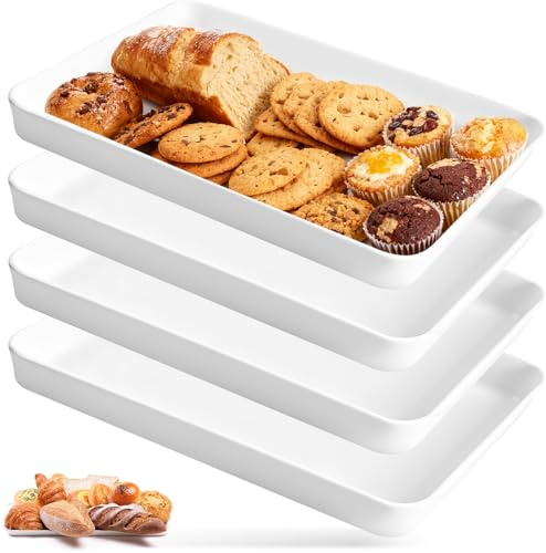 Set di 4 Vassoio da Portata Rettangolo Plastica, Piatti Portata Senza BPA Riutilizzabile, 38X26.5x4 cm Pallet Bianco Multifunzionale per Buffet, Feste, Picnic, Snack, Frutta, Dessert