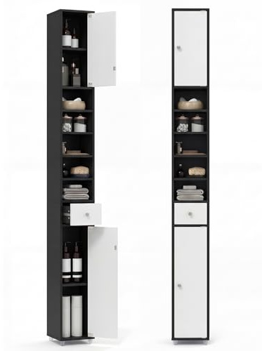 Multigot Bathroom Tall Cabinet (Black＋White) | Wooden Slim Cupboard with 1 Drawer, 2 Cabinets & 5 Adjustable Shelves, Narrow Organizer Unit for Bedroom Living Room Hallway