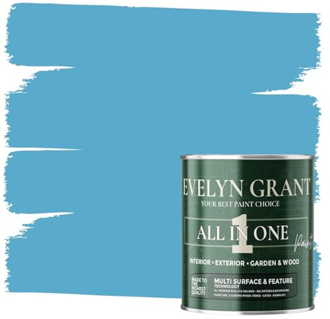 Evelyn Grant All-IN-ONE Paint & Primer - Multi-Surface Paint For Interior Walls, Outdoor Garden & Exterior Walls, Wood Furniture | High Durability Multi-Feature - Swimming Pool Blue - 1L - Matt