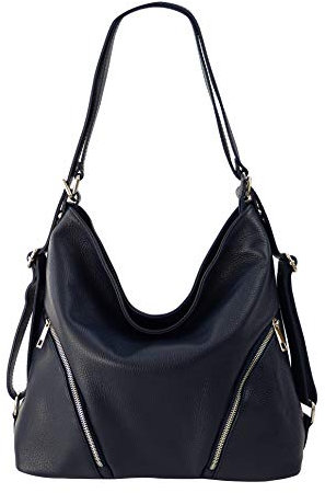 SH Leder 2in1 Handtasche Rucksack Damen Schultertasche Daypack CityRucksack aus Echt genarbt Leder (B 35cm x H 34cm xT 12cm) Sara G689 (Dunkel Blau)
