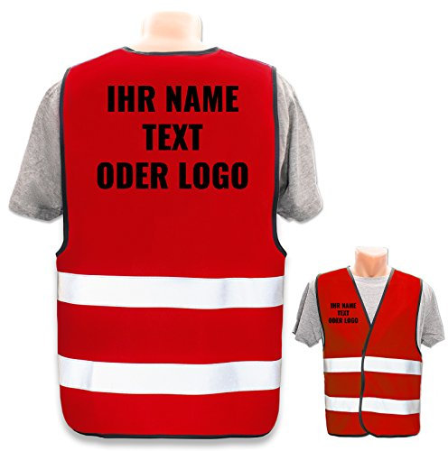 Warnweste selbst gestalten mit eigenem Aufdruck * Bedruckt mit Name Text Bild Logo Firma, Position & Druckart:Rücken + Front/Premium-Druck, Farbe & Größe:Rot/Größe XL/XXL