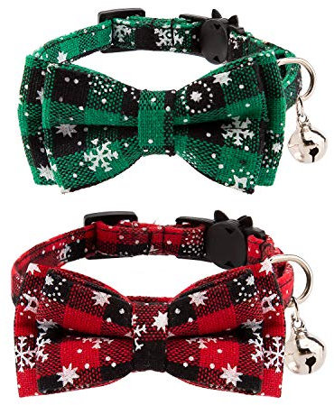Luter Katzenhalsbänder mit Karomuster, abnehmbar, für Katzen, mit Schleife und Glöckchen, verstellbar, für Katzen, Kätzchen und Welpen, 2 Stück