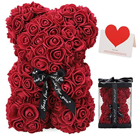 LINKLO Rose Bear Rose Teddy Bear -10 inch Artificial Rose Flower Bear, Gift for Valentines Day, Wedding, Mothers Day and Anniversary, Including Transparent Gift Box (Deep red)
