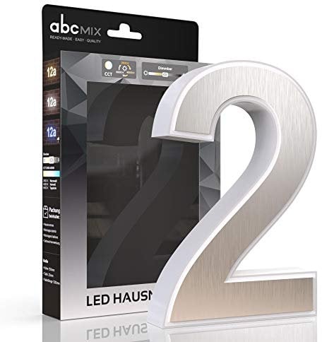 abcMIX LED Hausnummer, personalisierbare beleuchtete Hausnummer, Hausnummernleuchte mit LED - Hausnummer 2, Farbe EDELSTAHL, Lichtfarbeneinstellung, Dimmbarkeit