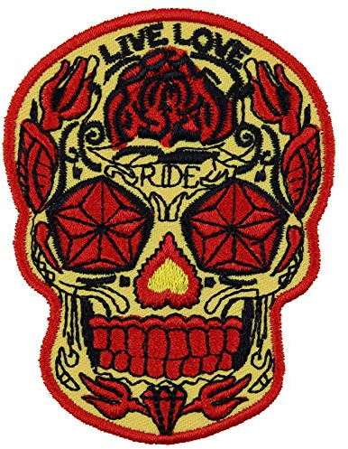 Mexikanische Totenmaske Dia de los muertos Aufnäher bestickt Aufbügler Calavera - Zuckerschädel Sugar Skull Patch Totenkopf - Rose Bügelbild zum annähen - 80x60mm