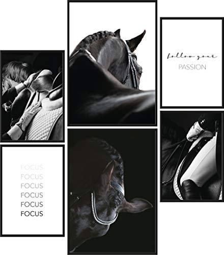 Papierschmiede® Mood Poster Set Reitsport, Bilder Wohnzimmer Deko Schlafzimmer, 2x DIN A2 und 4x DIN A3, Pferd Reiten Jockey schwarz-weiß - ohne Rahmen