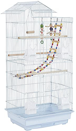 Yaheetech Gabbia Uccelli Metallo con Giocattoli 62 × 43 × 136 cm Bianca | Gabbia Mista Metallo e Legno con Giocattoli Inclusi, Spaziosa e Robusta, Adatta Pappagalli, Inseparabili e Parrocchetti