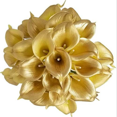 DongAi Lot de 10 lys calla artificiels de couleur métallique - Latex PU au toucher réaliste - Pour bouquet de mariage, arrangements floraux familiaux, décoration de site de fête (doré)