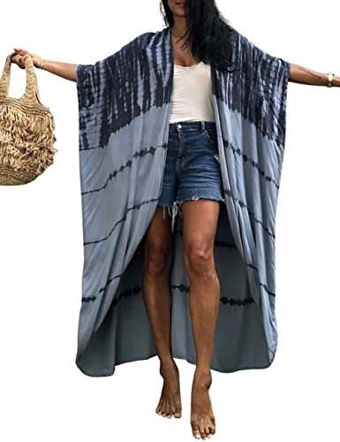 Bsubseach Damen Lange Strand Strandponcho für Bademode Sexy Bikini Beach Kimono Strickjacke Grau Krawatte Färben