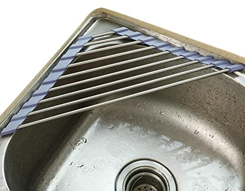 Secado Triangular para Fregadero Esquina Enrollable para Secado Platos, Secado Plegable, Acero Inoxidable, Multiusos sobre el Fregadero, escurridor Platos