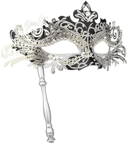 Hoshin Maskenmaske mit Stock, Mardi Gras Deecorations Venezianische Masken für Damen (Schwarz mit Silver Line)