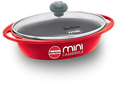 Hawkins Mini cocotte de 0,75 litre avec couvercle en verre, poêle ovale moulée sous pression pour cuisiner, réchauffer, servir et ranger, rouge (DCR75G)