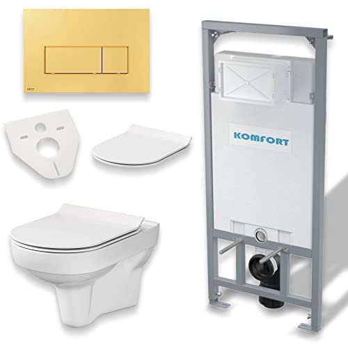 KOLMAN WC Set: Vorwandelement C201 + Wand-WC New City CleanOn Weiß + Drückerplatte Gold M575 + Slim WC-Sitz mit Soft-close + Schallschutzmatte