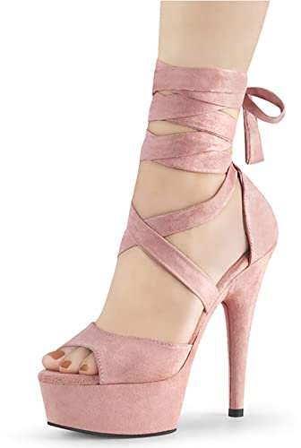 Femme Escarpins Bride Cheville Sexy Talon Aiguille Plateforme Epais Fermeture Lacets Chaussures Club Soiree,Pink,40 EU/9 US