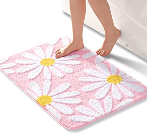 QJHOMO Rosa Badezimmerteppich Niedliche Gänseblümchen Badematte rutschfest Waschbar Badteppich Weiße und Gelbe Blume Badvorleger Weiche Duschvorleger Absorbierende Badezimmer Teppich 60x90 cm