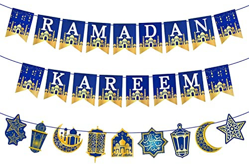 AhfuLife Ramadan Kareem Dekoration, Ramadan Deko - Vormontiert Ramadan Kareem Banner Stern Mond Laterne Girlande, Ramadan Mubarak Dekoration für Muslim Islamische Party Umrah Eid Mubarak Deko