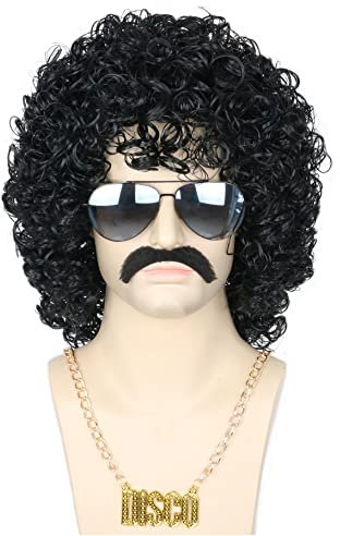 Topcosplay 3er Set Herren Perücke 70er Jahre Disco Dude Dirt Bag Perücke Halskette & Schnurrbart kurz gelockt Afro Shaggy Perücke Blond Mix Schwarz (Schwarze mit Halskette & Schnurrbart)