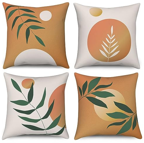 ASDCXZ Boho Kissenbezug 45x45 cm 4er Set, Modern Abstrakt Grün Blätter Sonne Orange Sofa Dekokissen Kissenbezüge Kissenhülle Waschbar Polyester Flachs Textil Polster Kopfkissenbezug Kissen Bezug