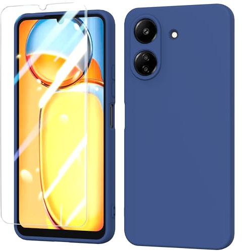 BUTISHIYU Handyhülle kompatibel mit Xiaomi Redmi 13C 4G 2024 Silikon Hülle + Schutzfolie,Dünne Weiche TPU Schutzhülle Schutz für Xiaomi Redmi 13C 4G - Blau