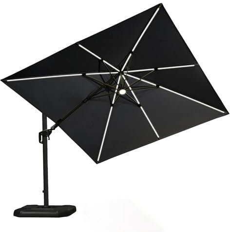 PURPLE LEAF Sombrilla Terraza Exterior 3 x 3 m con Luz LED, Sombrilla Jardin Grande con Inclinación a Derecha e Izquierda, Rotación de 360° y 5 Ajustes de Inclinación, Tejido Protector UV 50+, Gris