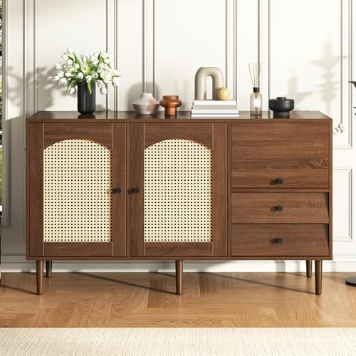 Merax Sideboard mit Rattan Einsatz, Modernen Kommode mit 3 Türen und 2 unregelmäßigen Schubladen, für Wohnzimmer, Esszimmer & Schlafzimmer, 130 x 40 x 75,5 cm, Dunkles Holzfarbe