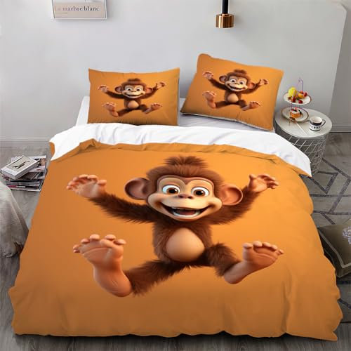 Ruiqieor Bettwäsche 200x200cm,AFFE Orange Motiv Bettwäsche Set 3teilig,1 Bettbezug und 2 Kissenbezug 80x80 cm,3D Cartoon Tiere gedruckte Kind Bettwäsche(#11)