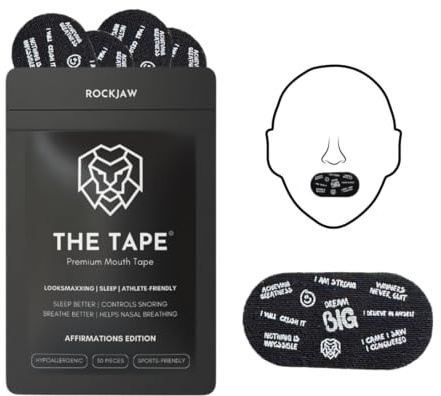 ROCKJAW® Sleep Tape Affirmations Edition - Looksmaxxing, Hilft Nasenatmung, Verhindert Schnarchen, Verbessert Gesichtsstruktur, Zungenhaltung, Starke + Bequeme Haftung, Sportfreundlich (30 Streifen)