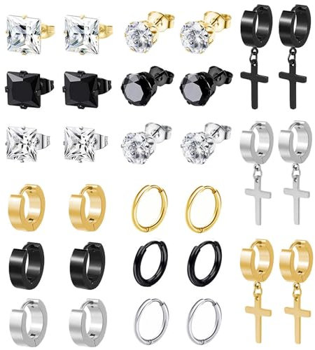 BVLAGIDA 15 Pares Pendientes Hombre Acero Inoxidable Pendientes Colgantes con Cruz Pendientes de Circón Pendientes Aro Plata/Oro/Negro para Hombre Mujer