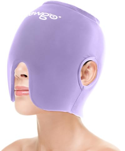 NEWGO Migräne Kühlmaske mit Ohr-Aussparungen, Gel Kühlmütze Migräne Maske, 360° Headache Hat Kühlmaske Kopfschmerzen Kaltkompressionstherapie, Wiederverwendbare Migräne Mütze