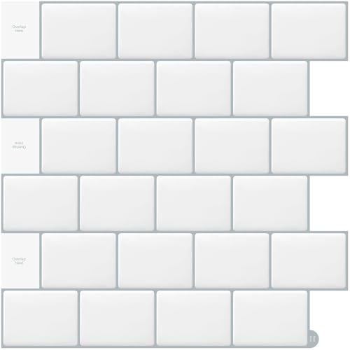 DEWOO White Peel and Stick on Tiles Stickers Metro Subway Self Adhesive Backsplash Brick for Kitchen Wall Bathroom, 10-Sheet (12×12)