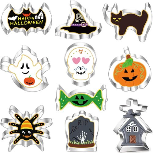 BELSVOR Lot de 10 Emporte Pièces Halloween, Emporte Piece en Acier Inoxydable, Emporte Piece Biscuit pour Décoration Biscuit/Gâteau/Cookies/Pâtisserie, Emporte Piece Patisserie 10 Formes
