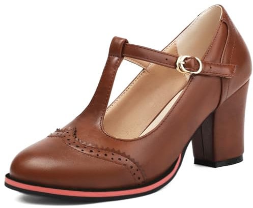 Gicoiz T Bar Mary Jane Womens Office Work Brogue Pumps Classic Business Block High Heeled Round Toe Ankle Strap Formal Shoes Brown Size 2-35