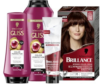 Brillance Intensiv-Color-Creme 869 Kastanienbraun (170 ml) & Glanz-Behandlung Haar, Glossing Neutral (150 ml) & Gliss Shampoo Colour Perfector (250 ml) & Spülung Colour Perfector (200 ml)