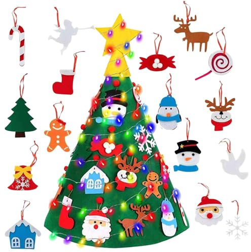 Ensemble de Sapin de Noël en Feutre Montessori pour Enfants - 16 Ornements, Guirlande Lumineuse LED, Décorations Murales pour Tout-Petits