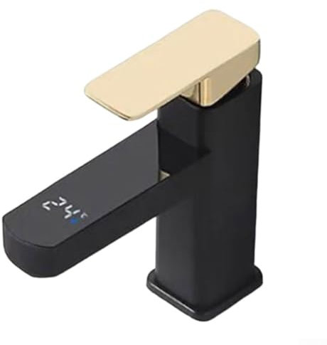 Oniissy Grifo con pantalla inteligente de temperatura, pantalla digital de temperatura para grifos de lavabo de lavado alto y bajo caliente y frío (negro dorado)