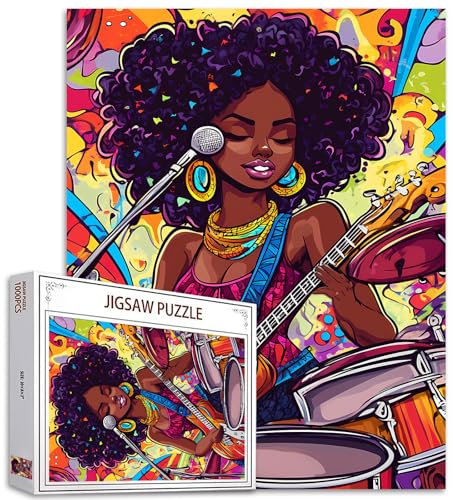 African 1000 Piece Jigsaw Puzzles for Adults African Women Black Girl Painting Jigsaw Puzzle Afro-America Musician 1000 Pieces Playing Guitar Music Puzzles Wall Decor Rock and Roll DIY Craft Puzzle