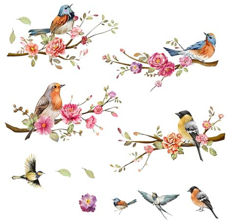 AhhiAboo Fensterbilder Frühling Bunt Fensterfolie, Vogel Blumen Aufkleber Fenster Selbstklebend Fenstersticker Wandtattoo Fensterbilder Kinder, Suncatcher Sticker, Vogelaufkleber für Fensterscheiben