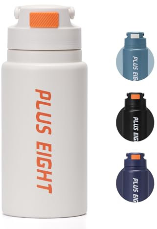 pluseight Bouteille d'eau isotherme de 800 ml avec paille et couvercle en acier inoxydable, anti-fuite, couvercle à rabat, poignée de transport pour salle de sport, voyage, sport (blanc)