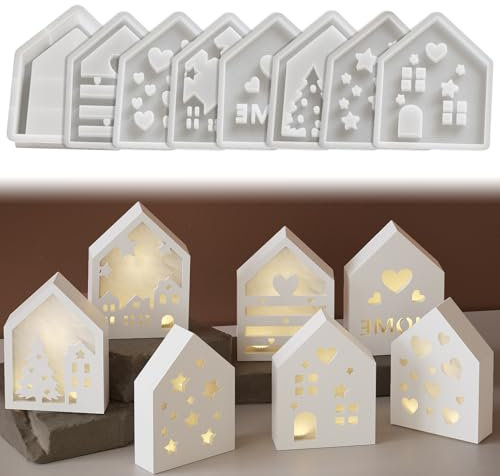 FZQBEY Silikon Gießform Häuser, 8 Stück, Premium Qualität, Antihaftbeschichtet, Flexibel, Wiederverwendbar, Kompatibel mit Epoxid, Wachs, Gips, etc.