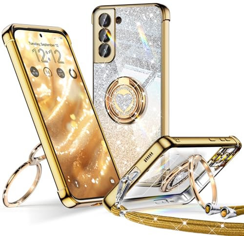 XYZ für Samsung Galaxy S21 FE Hülle mit Band, Herzen Doppelring Ständer Luxus Glitzer HandyHülle Kameraschutz, Frauen Stoßfest Elektroplattiert Soft TPU SchutzHülle Samsung S21 FE Case, Gold