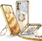 XYZ für Samsung Galaxy S21 FE Hülle mit Band, Herzen Doppelring Ständer Luxus Glitzer HandyHülle Kameraschutz, Frauen Stoßfest Elektroplattiert Soft TPU SchutzHülle Samsung S21 FE Case, Gold