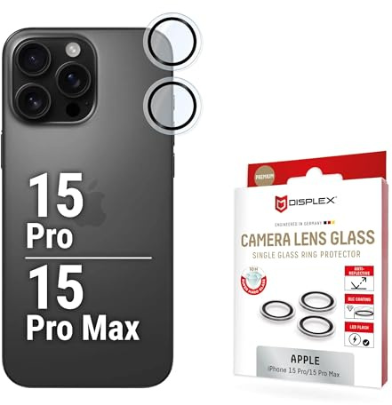 Premium Kamera Schutzringe für iPhone 15 Pro Max, 15 (10H), Echtglas, DLC | DISPLEX Premium Camera Lens Glass, Echtglas, 10H Härte, transparente Ringe, Ultra-Clear, Quick Mount, Anti-Fingerprint