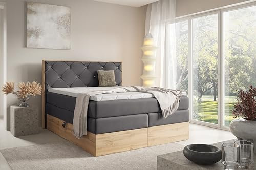FURNISTAR Echtes Boxspringbett LOFT IV Premium 140x200 mit 7-Zonen Taschenfederkern Matratze und Bettkasten - Familienbett mit Topper Stauraum Wotan Eiche Platte Polsterbett Hotelbett - Dunkelgrau